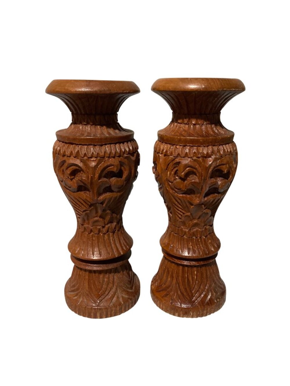 Vintage Hand-Carved Teak Wood Candle Holders